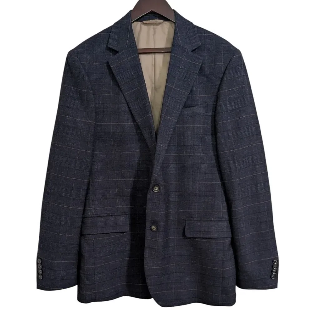 MOSS (Moss Bros) Navy Windowpane Plaid Blazer 44L Tailored Fit